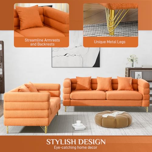 Modern Boucle Sherpa Sofa and Loveseat Set with 5 Pillows, Dark Green L563