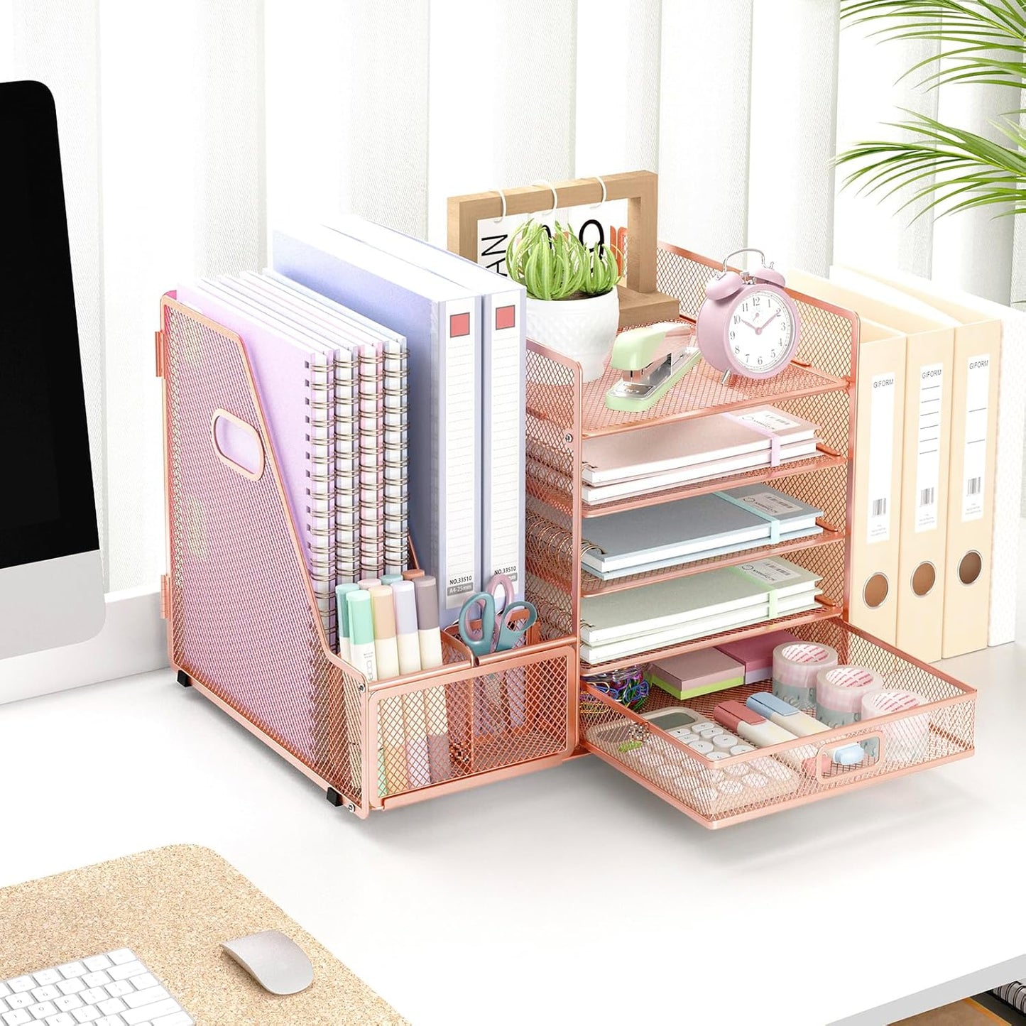 EOOUT Rose Gold Office Supplies Desk Combo Set with Acrylic Stapler and Mesh Organizer S946