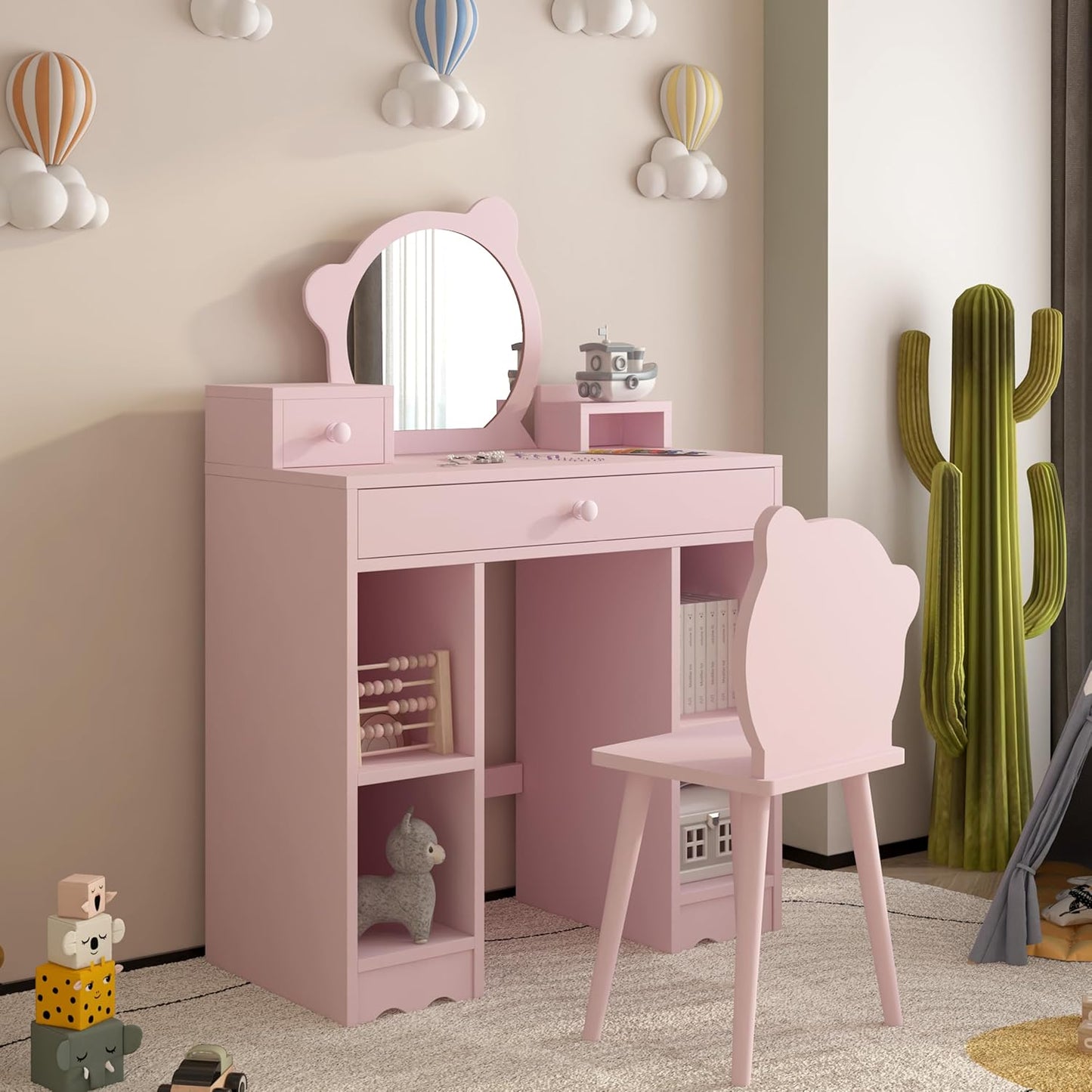 Kids Vanity Set with Mirror & Stool, Wooden Pink C28982