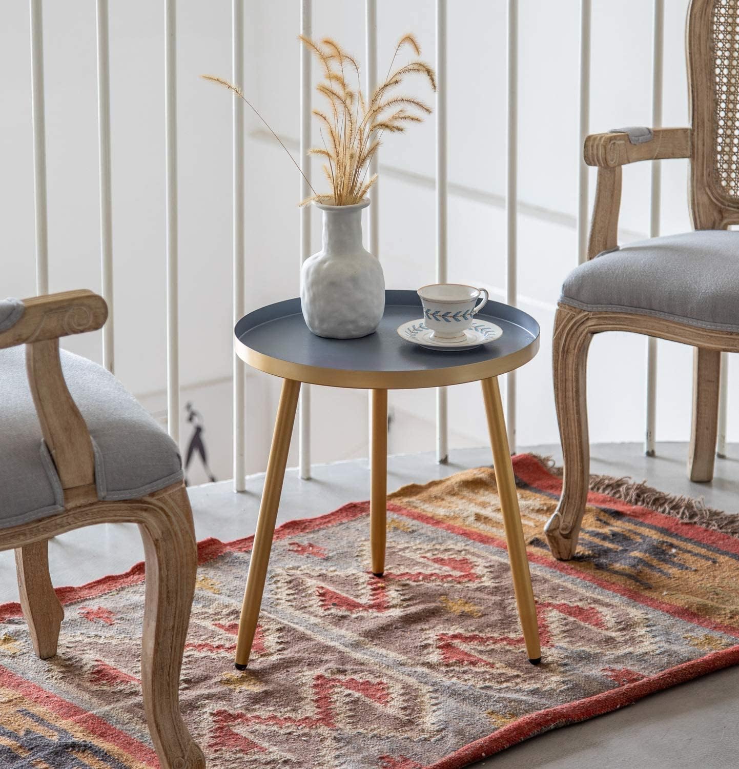 AOJEZOR End Tables Set of 2, Metal Round Side Table, Black/Grey and Gold Q855