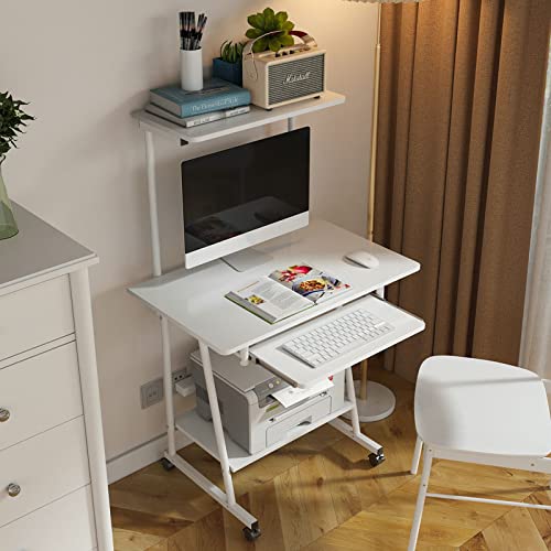 Small Computer Desk with Storage Shelves, Rolling for Home Office C424