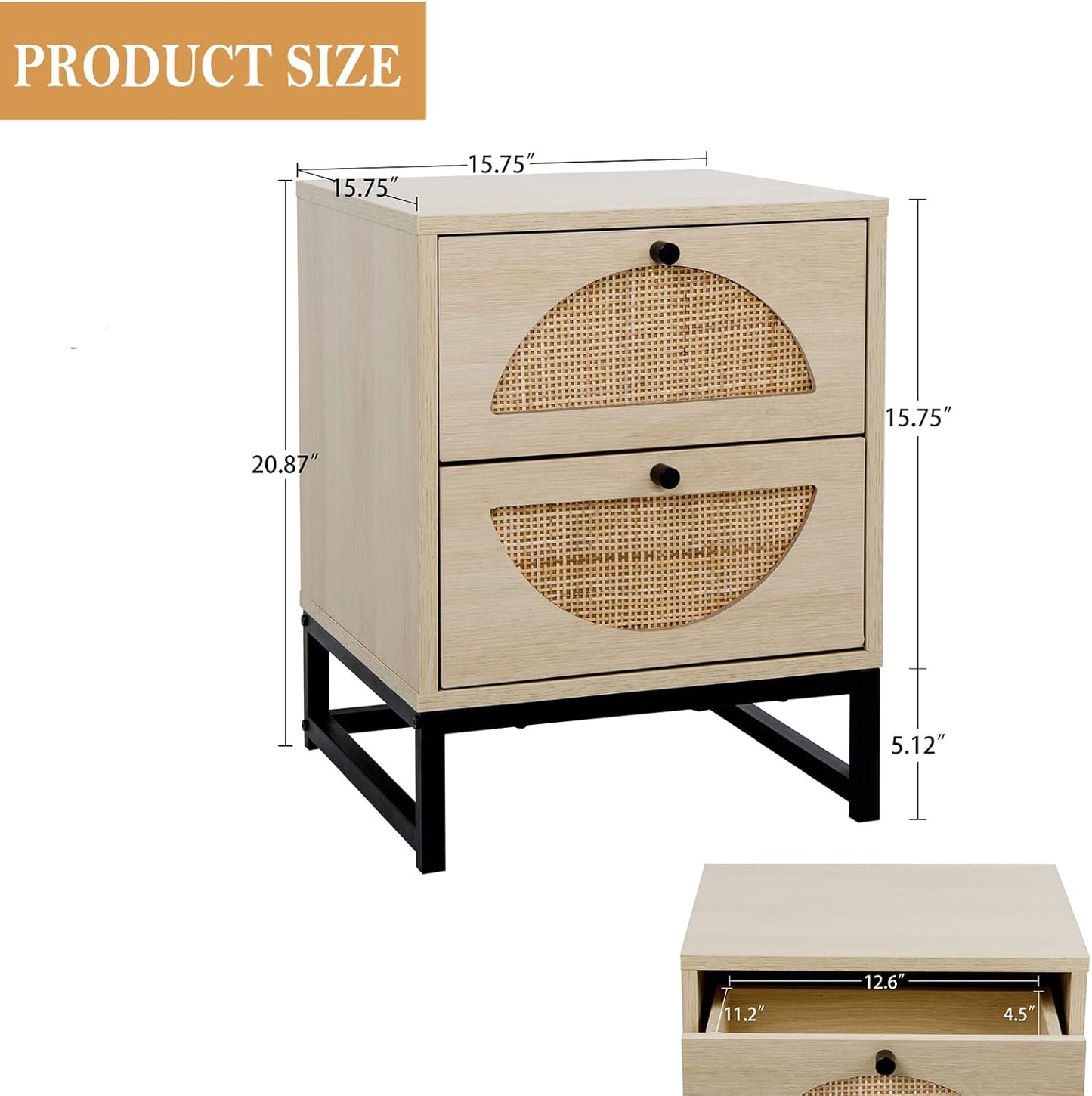 Modern Natural Nightstand with 2 Drawers Rattan Side Table Q405