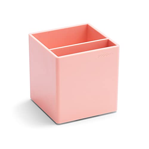 Poppin Pen Holder with 2 Compartments - Sturdy Plastic Pen Holder for Desk, Lacquer-like Finish, Writing Instrument Desk Organizer, Coordinating Office Desk Accessories (Blush Pink)