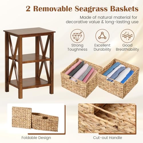 Giantex 2-Tier Nightstand with Wicker Baskets Set of 2, Wooden Side Table, Walnut C6960