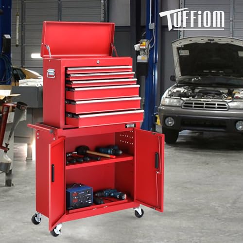 TUFFIOM 5-Drawer Rolling Tool Chest Storage Cabinet with Wheels, Red & Black Y5791