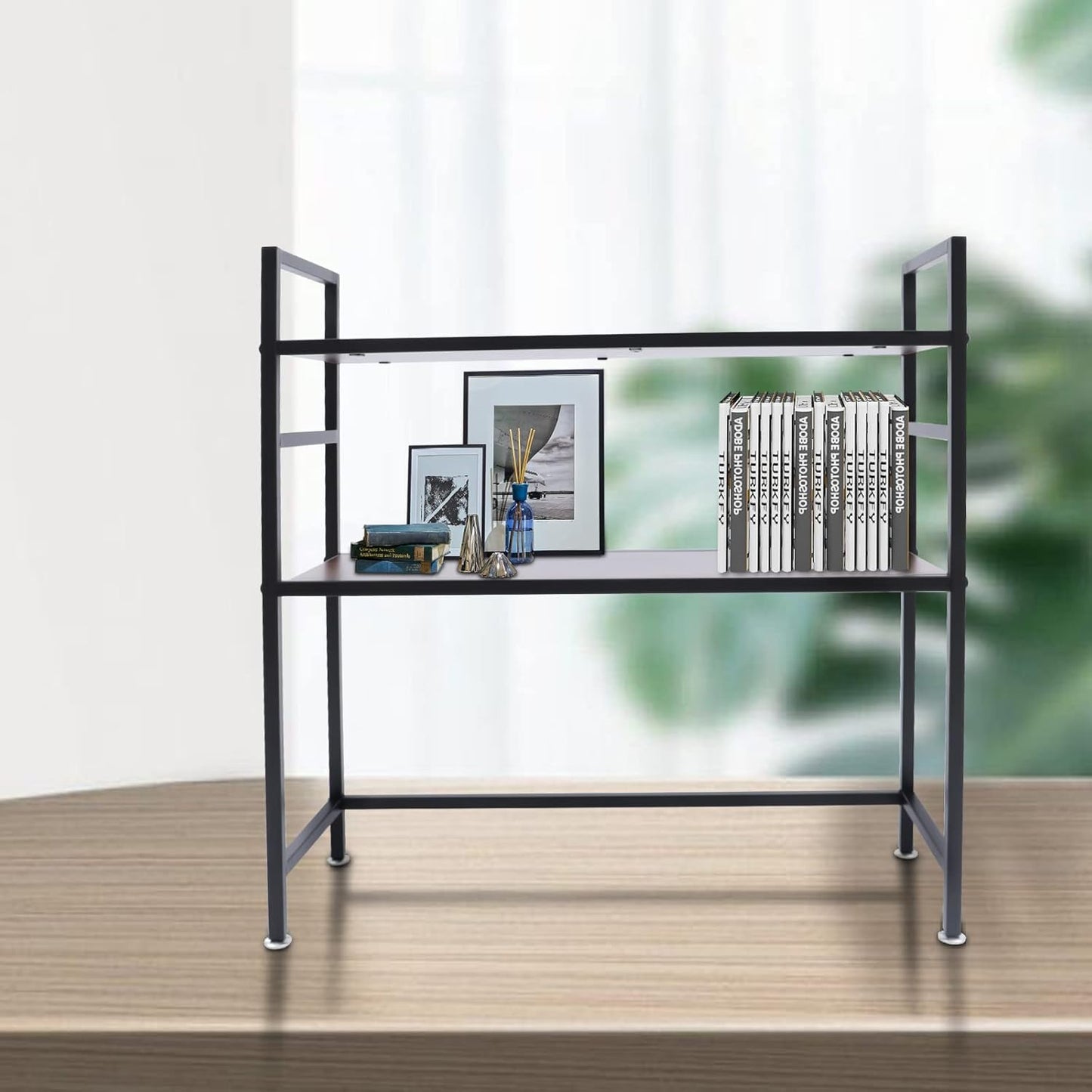 2-Tier Desk Hutch, Adjustable Wood Bookcase for Home Office D95422