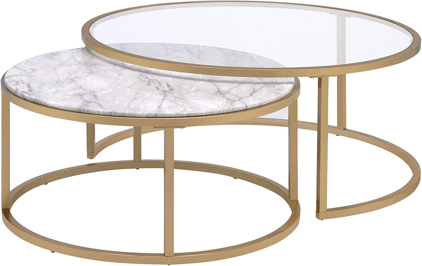 Knocbel Modern Nesting Coffee Table Set of 2, Faux Marble & Glass Top, Gold Metal Frame W86607