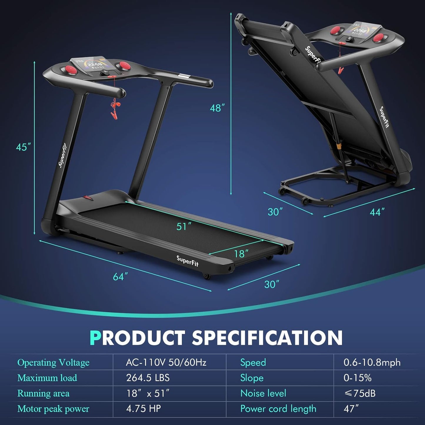 Goplus 4.75HP Folding Treadmill with 15% Auto Incline, APP Control K690920