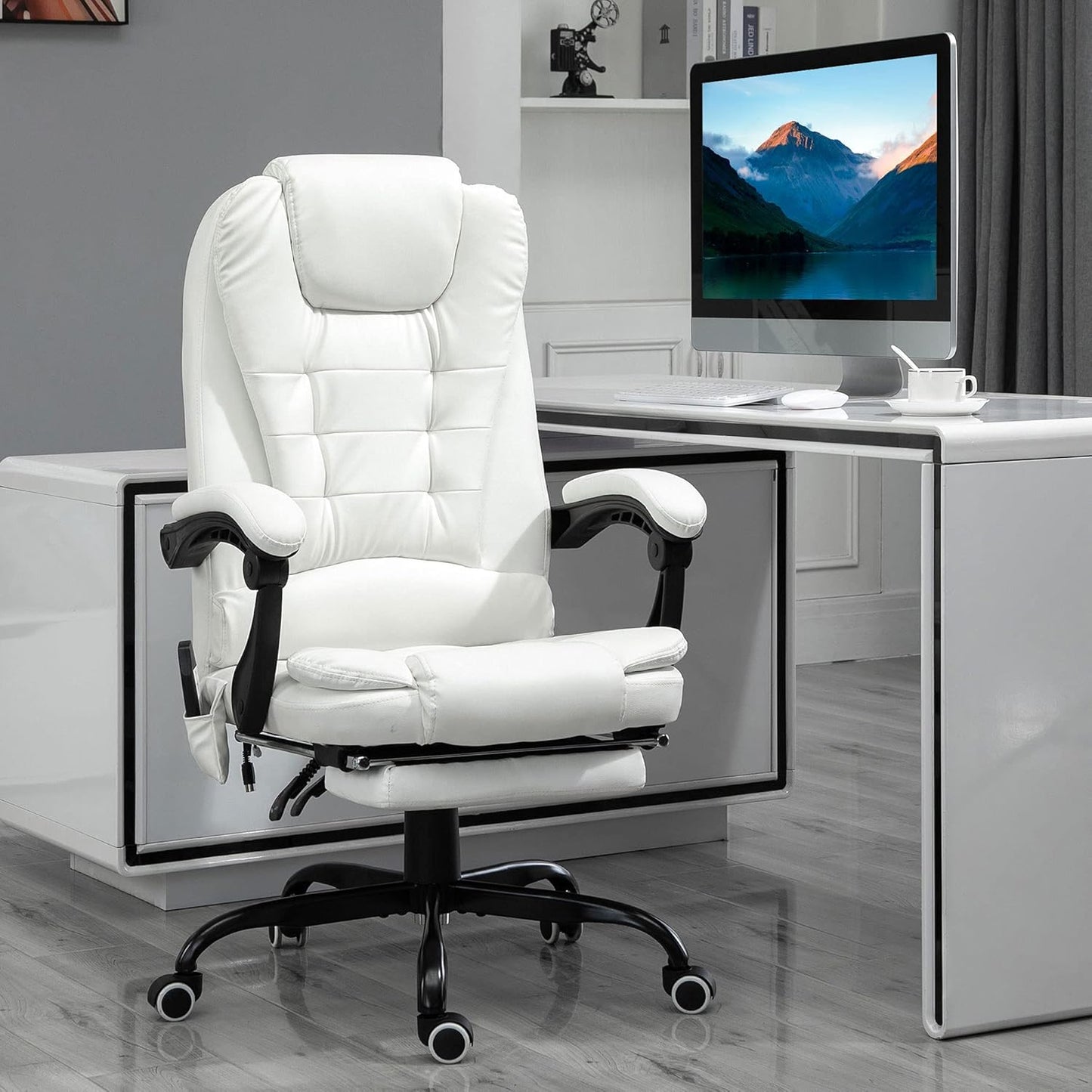 Reclining Office Chair with Massage, Ergonomic PU Leather Executive Chair with Foot Rest, White T4590