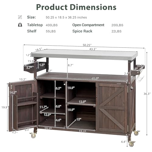Outdoor Kitchen Island Rolling Bar Cart with Storage Cabinet, Solid Wood & Stainless Steel Top X328