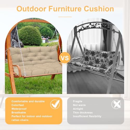 Porch Swing Cushion with Backrest, Waterproof Outdoor Bench Cushion, 2-3 Seater with Ties, Light Coffee Y6949