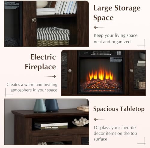 Farmhouse Fireplace TV Stand for TVs Up to 65'', Rustic Entertainment Center with Electric Fireplace, Brown W91016