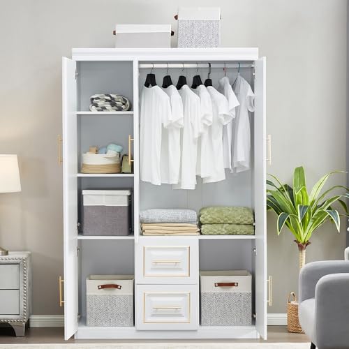 White Wood Closet Cabinet with Doors for Bedroom Y530863