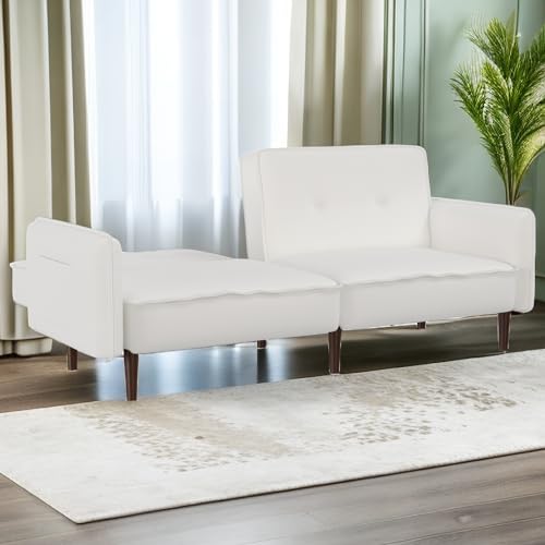 Modern Upholstered Convertible Futon Sofa Bed with Storage Pockets and 2 Pillows, Pink I8960