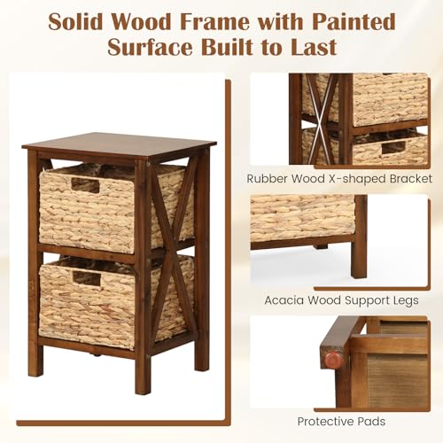 Giantex 2-Tier Nightstand with Wicker Baskets Set of 2, Wooden Side Table, Walnut C6960