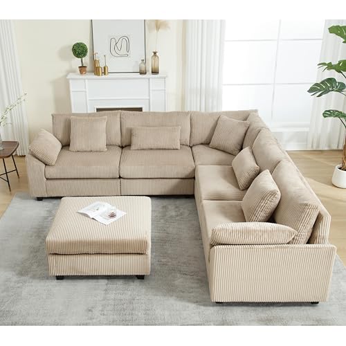 110.6"*110.6" Oversized Corner Modular Sectional Sofa Set, Modern L-Shaped Couch with Movable Ottoman and 7 Pillows, Comfy Corduroy Fabric Deep Seat 6 Seater Cloud Couch for Living Room (Beige)