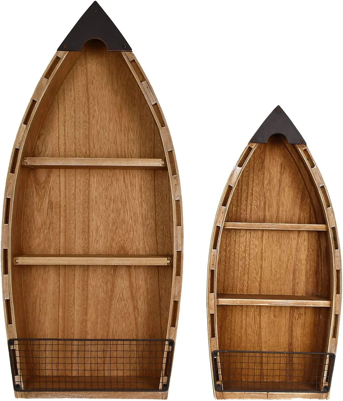 2set Wooden Boat Decor Hanging Wood Boat Decoration for Wall, Rustic Nautical Standing Boat Shelf Decor Beach Theme Display Boat with Shelves for Bathroom Bedroom Lake House Decoration (with 3 Tiers)