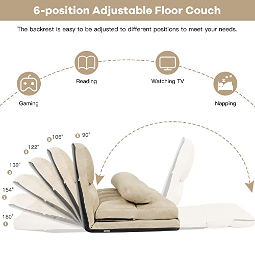 COSTWAY Floor Sofa Couch with 2 Pillows, Foldable Adjustable, Suede Fabric (Blue) J7217