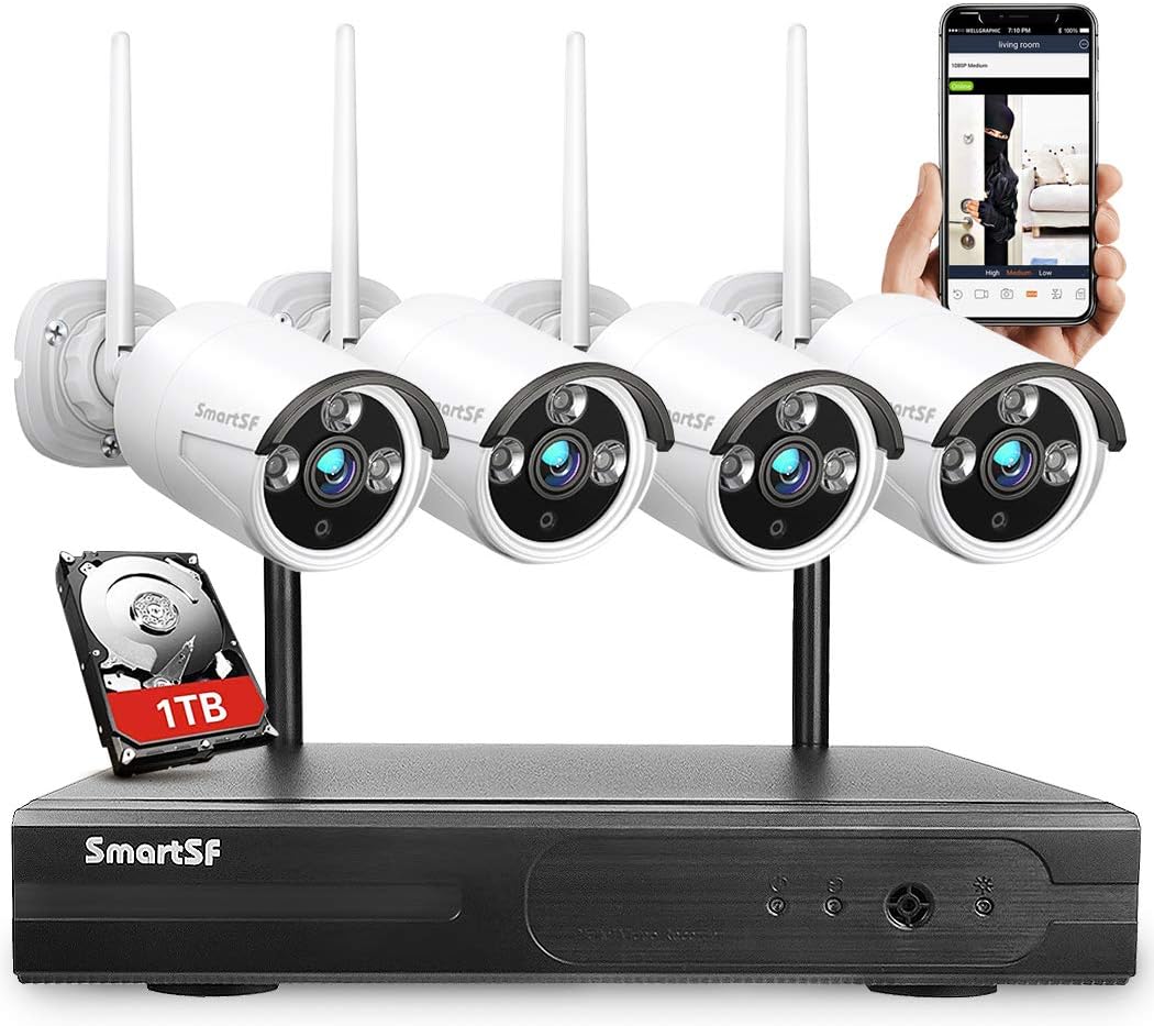Wireless Security Camera System with 1TB Hard Drive, Security Cameras 1080P with 24/7 Video Audio Recording, IP66 Weatherproof Indoor Outdoor Camera, Plug and Play, Remote Access, Motion Detection