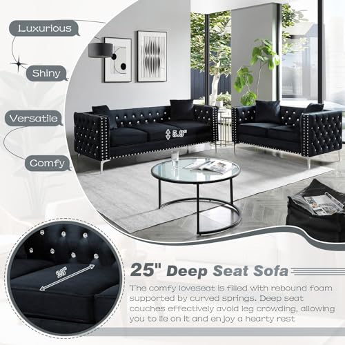 Antetek Velvet Sofa Set, Modern Upholstered Loveseat and 3 Seater Cloud Sofa with Crystal Buttons, Blue (2 Pieces) N125403