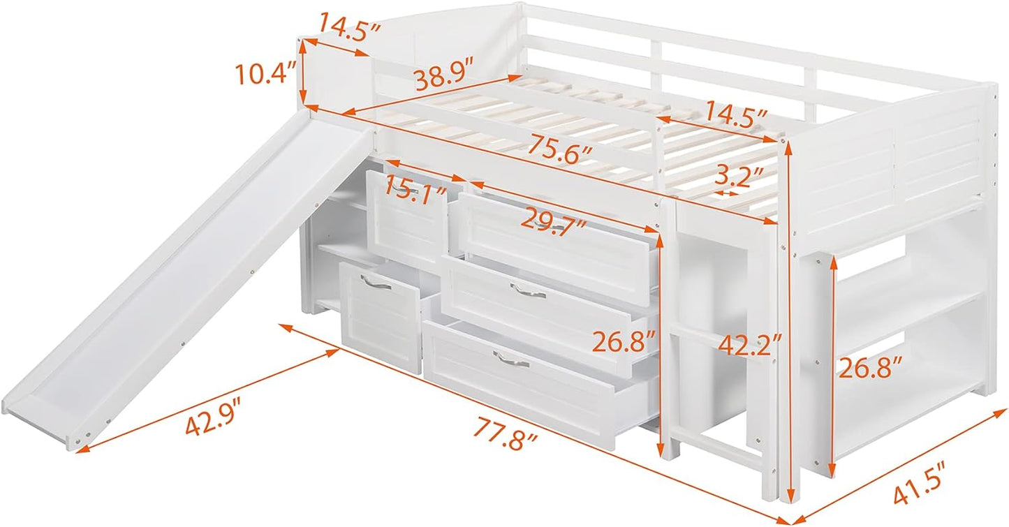 Twin Low Loft Bed with Slide, Storage Cabinets, Shelves, White B5467