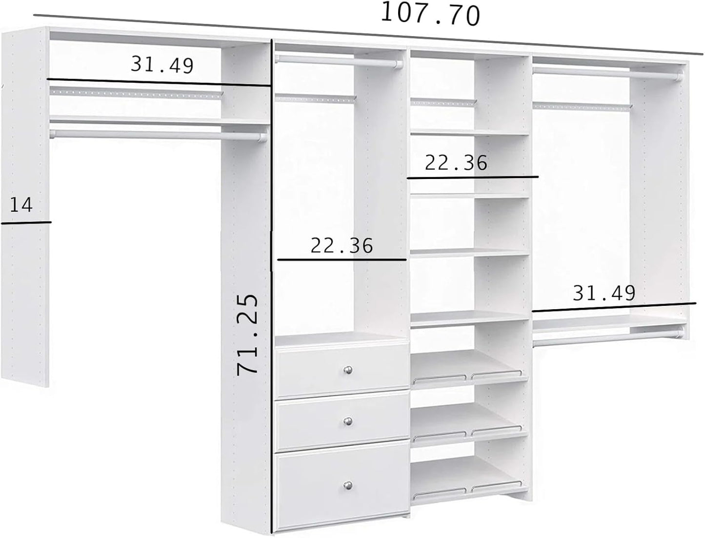 Dual Tower Closet Storage Organizer with Shelves and Drawers, White Y8278