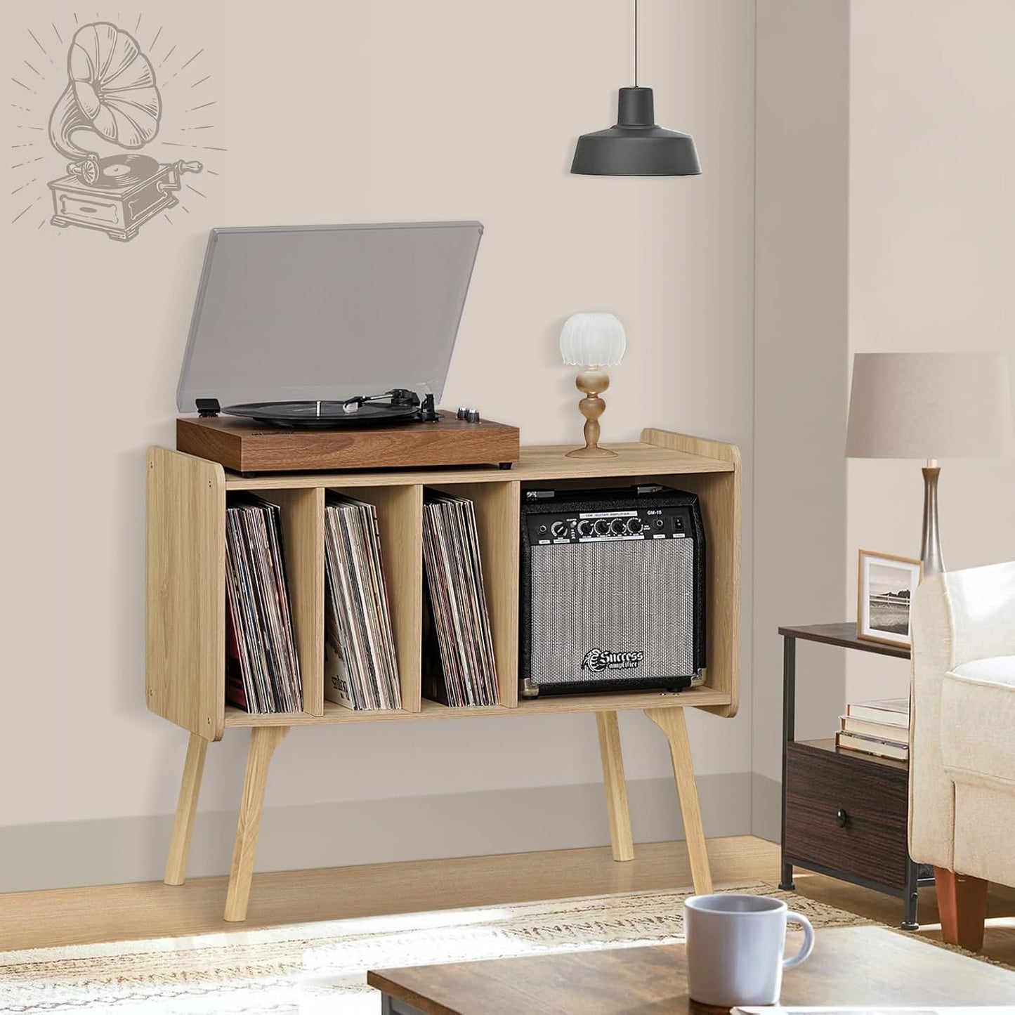 Lerliuo Record Player Stand with 4 Cabinet, Mid-Century Turntable Table K3086