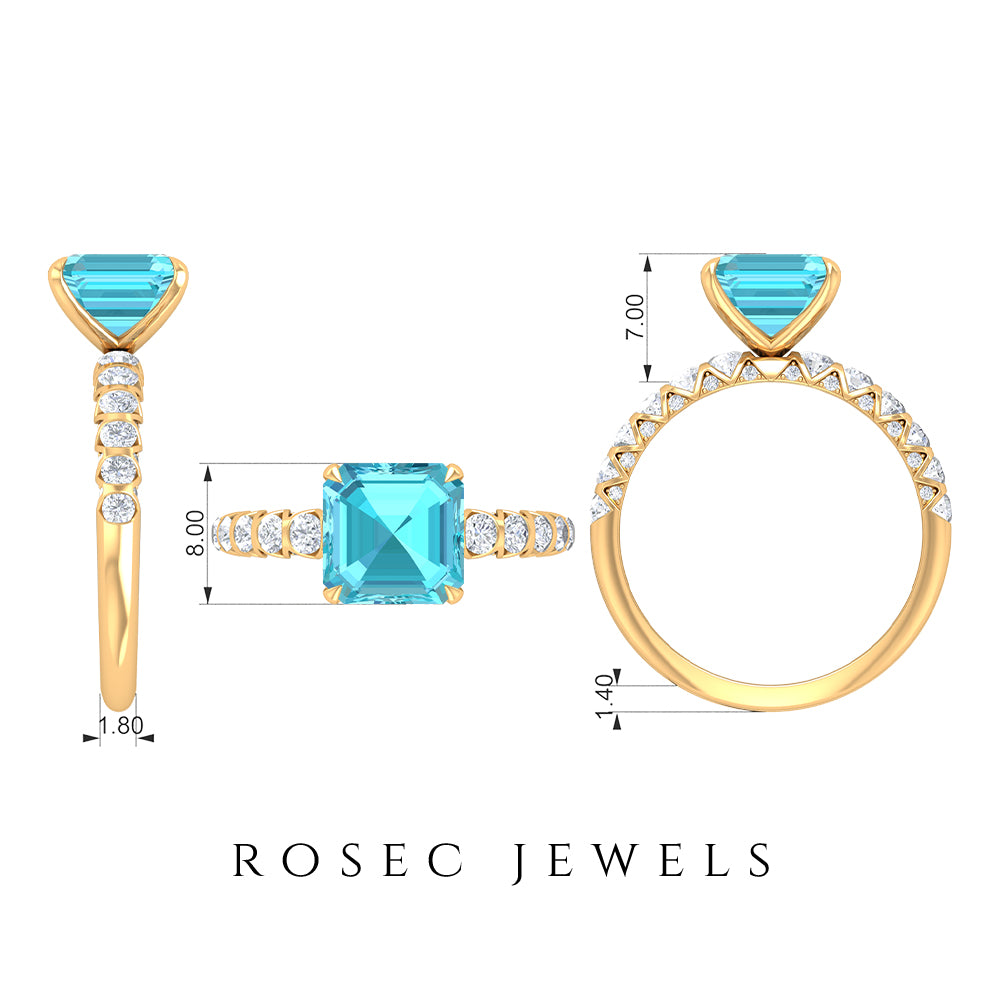 Swiss Blue Topaz Solitaire Ring with Diamond Side Stones, 925 Sterling Silver, US 4 T9753