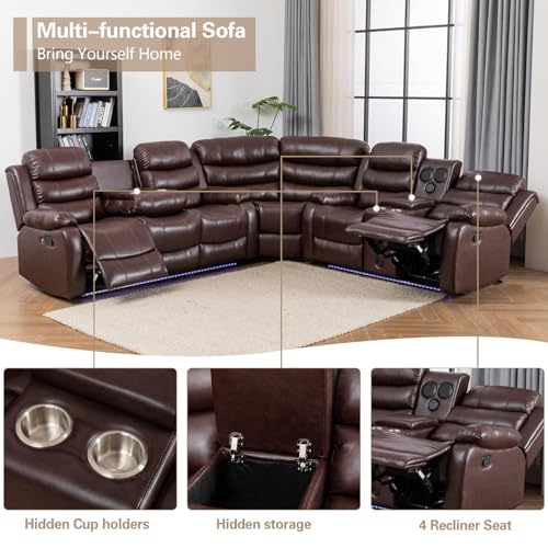 Manual Reclining Sectional Couch with LED Light, PU Leather L-Shaped Sofa, 9 Seater G569811