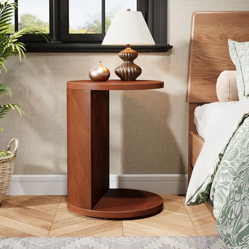 Tribesigns Solid Wood C-Shaped End Table, Set of 2, Walnut L691
