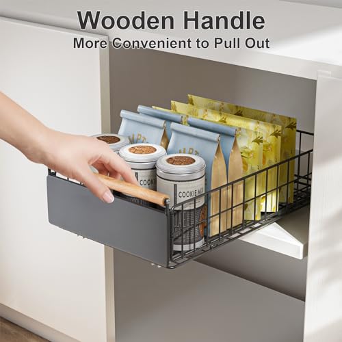 Pull Out Cabinet Organizer with Wooden Handle, No Drill Needed E218