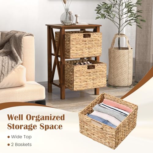 Giantex 2-Tier Nightstand with Wicker Baskets Set of 2, Wooden Side Table, Walnut C6960