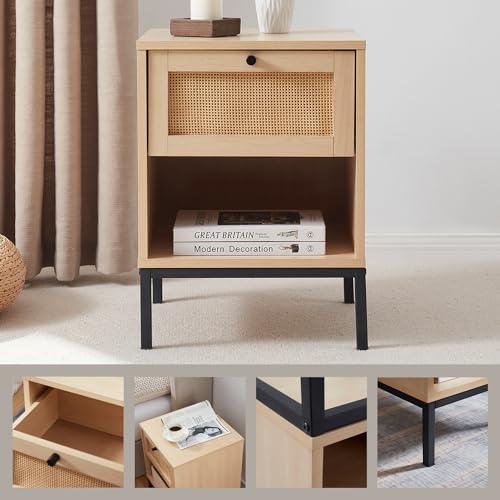 Nestl Night Stand, 1-Drawer Wood Rattan Bedside Table, Black Z58058