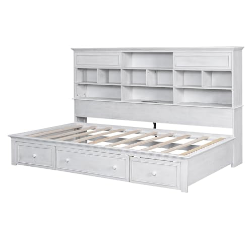 LZ LEISURE ZONE Twin Size Daybed Frame with Storage Shelves, Charging Station, Antique White A7732