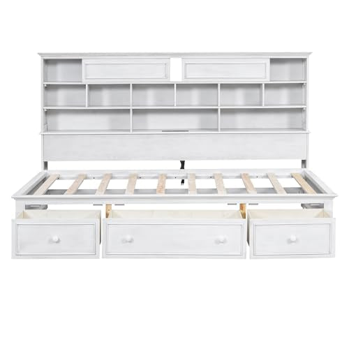 LZ LEISURE ZONE Twin Size Daybed Frame with Storage Shelves, Charging Station, Antique White A7732