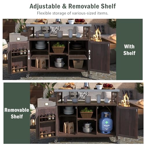 Outdoor Kitchen Island Rolling Bar Cart with Storage Cabinet, Solid Wood & Stainless Steel Top X328