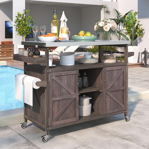 Outdoor Kitchen Island Rolling Bar Cart with Storage Cabinet, Solid Wood & Stainless Steel Top X328