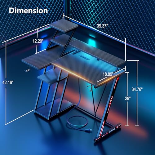 L Shaped Gaming Desk with LED Lights & Power Outlet, 47 Inch, Carbon Fiber Black E79671