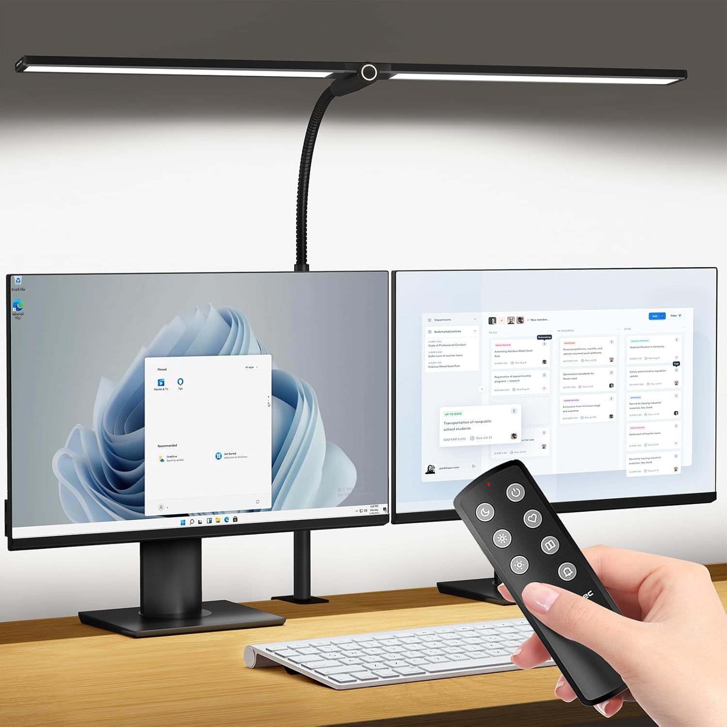 Desk Lamp, 1200LM Desk Lamps for Home Office, Double Head LED Bright Light with Clamp, 60 Lighting Modes, Remote Control Eye-Caring Gooseneck Architect Lamp for Dual Computer Monitor-Black