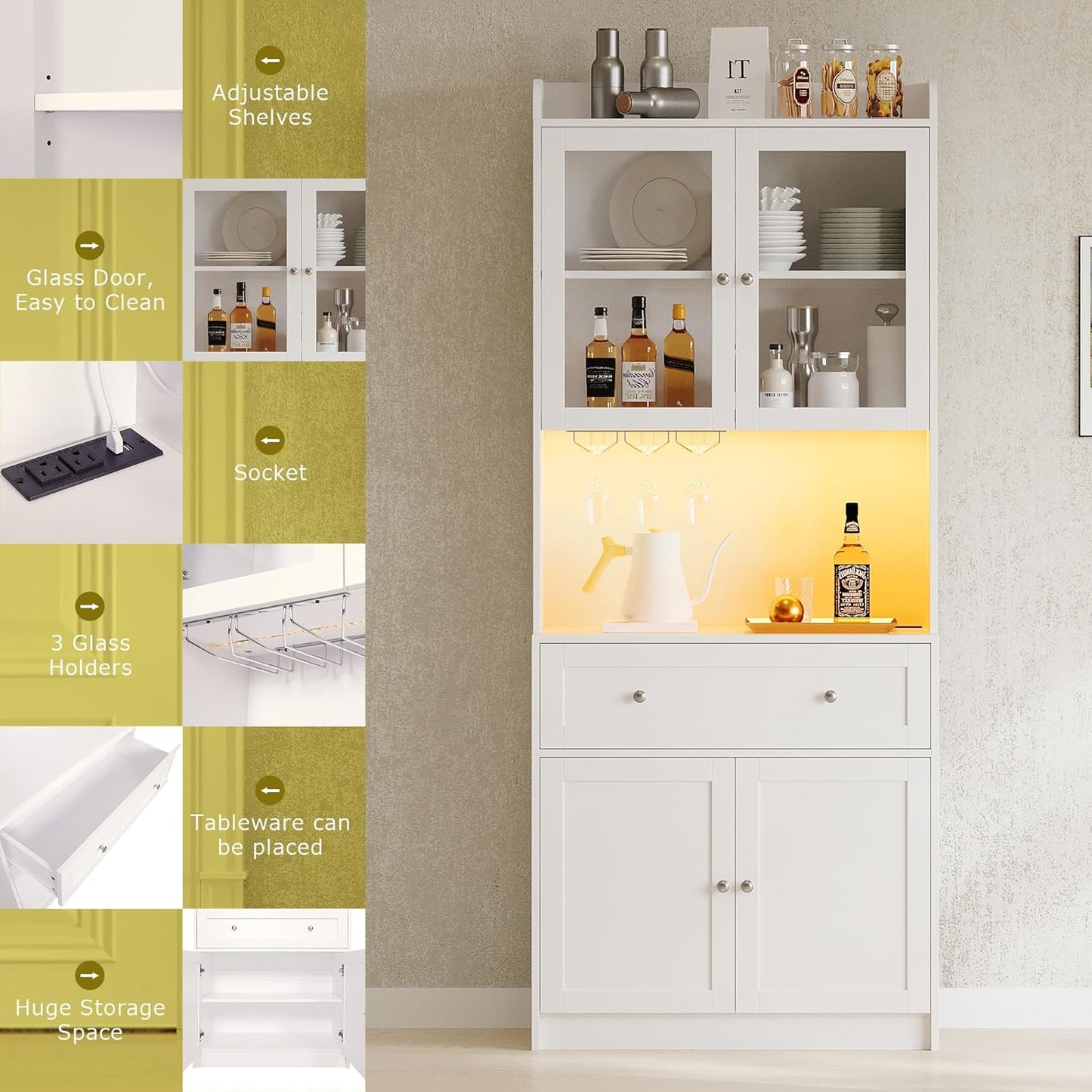 75.2" Pantry Cabinet with LED Lights and Charging Station, Wood Buffet Sideboard E42644