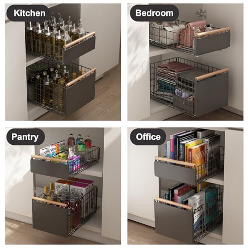 Pull Out Cabinet Organizer with Wooden Handle, No Drill Needed E218