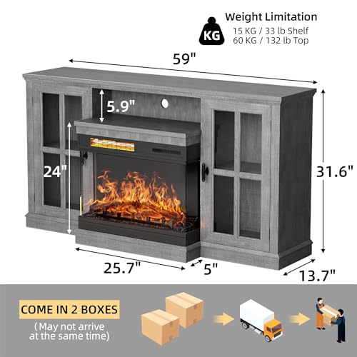 YESHOMY Glass Fireplace TV Stand for TVs up to 65", Gray C701