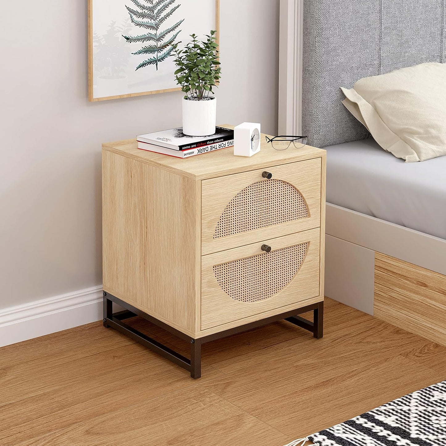Modern Natural Nightstand with 2 Drawers Rattan Side Table Q405