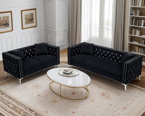 Antetek Velvet Sofa Set, Modern Upholstered Loveseat and 3 Seater Cloud Sofa with Crystal Buttons, Blue (2 Pieces) N125403