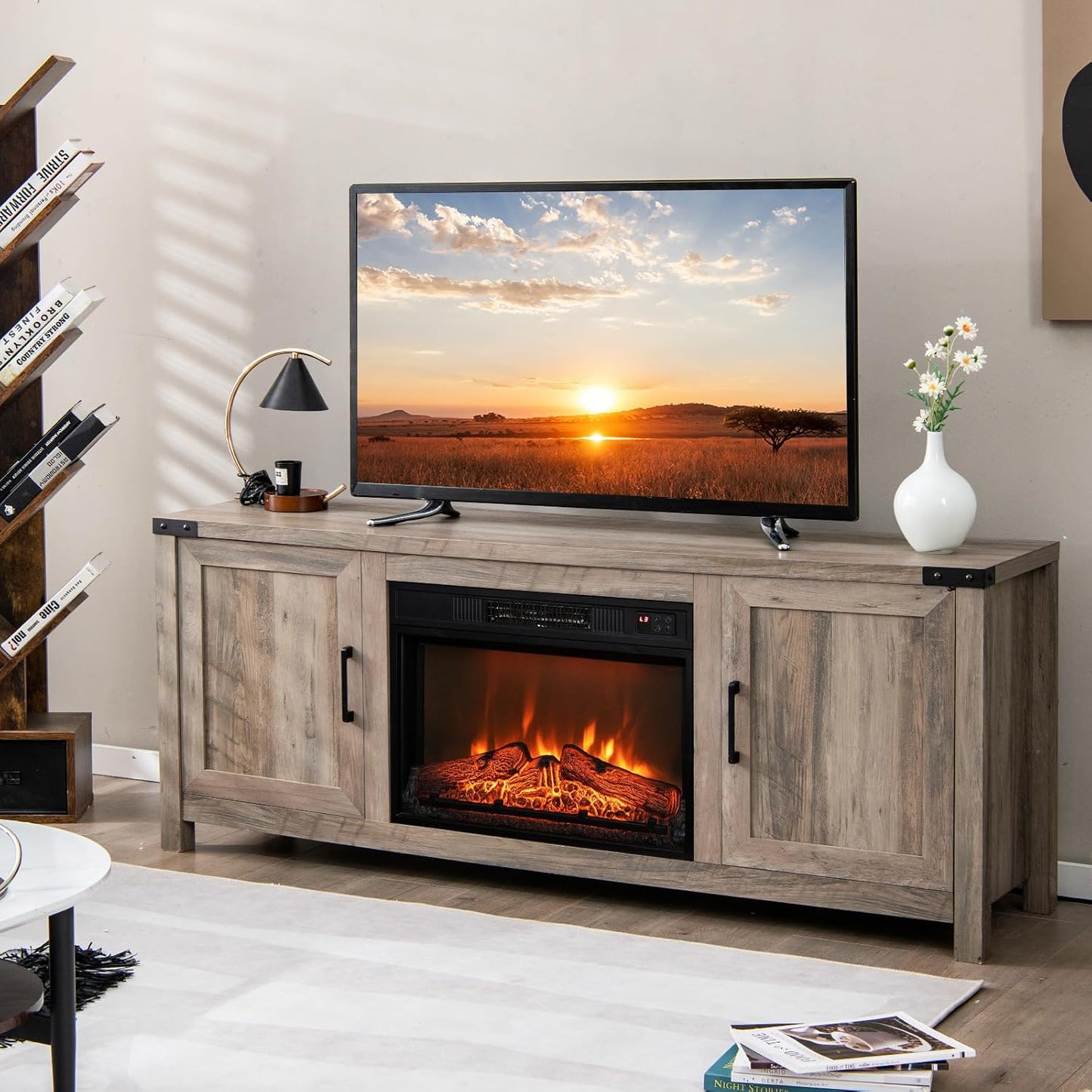 COSTWAY Electric Fireplace TV Stand for TVs up to 70 Inches, Farmhouse Media Center with Storage W3192