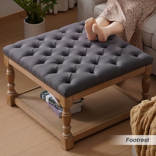 Square Ottoman Coffee Table with Storage Shelf and Solid Wood Legs K655