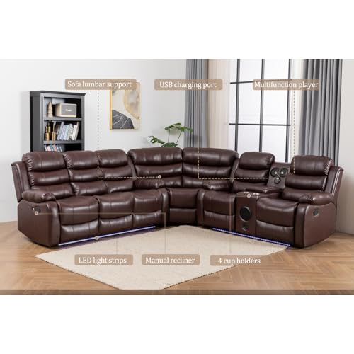 Manual Reclining Sectional Couch with LED Light, PU Leather L-Shaped Sofa, 9 Seater G569811