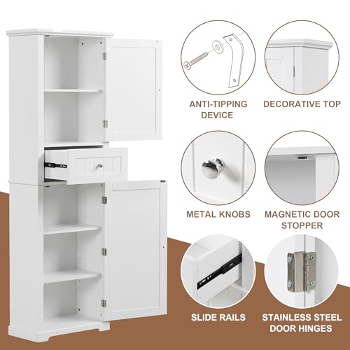 Tall Bathroom Storage Cabinet with Drawer and Adjustable Shelf, White C384