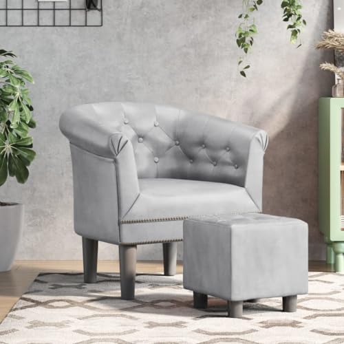 Tub Chair with Footstool Silver Faux Leather,Elegant Silver Tub Chair with Footstool: for Home or Office Living Room Furniture