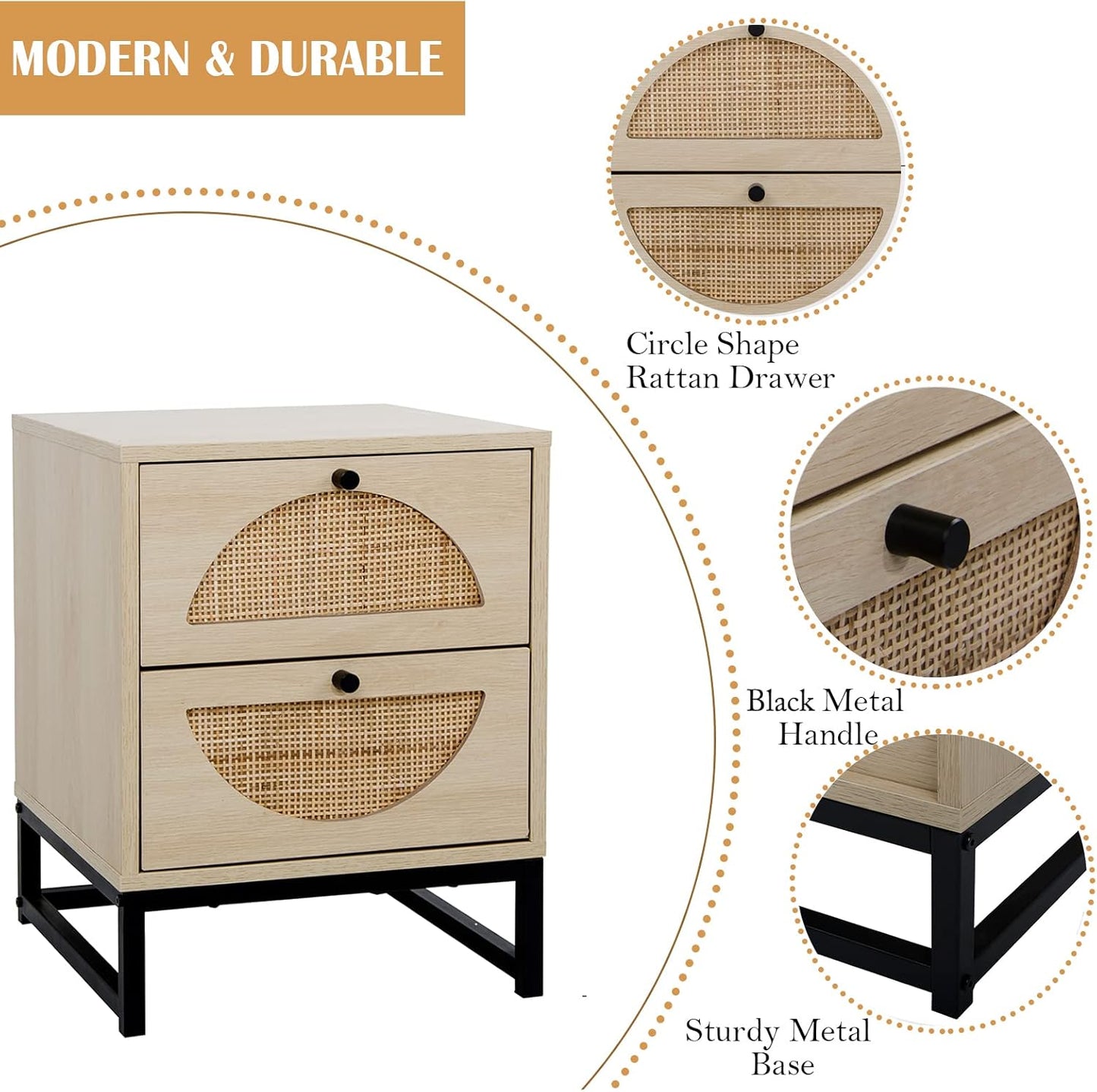 Modern Natural Nightstand with 2 Drawers Rattan Side Table Q405